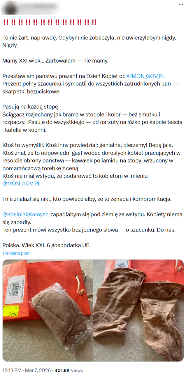 Wpis o "prezencie", który rzekomo dostały pracownice resortu obrony miał ponad 400 tysięcy odsłon 
