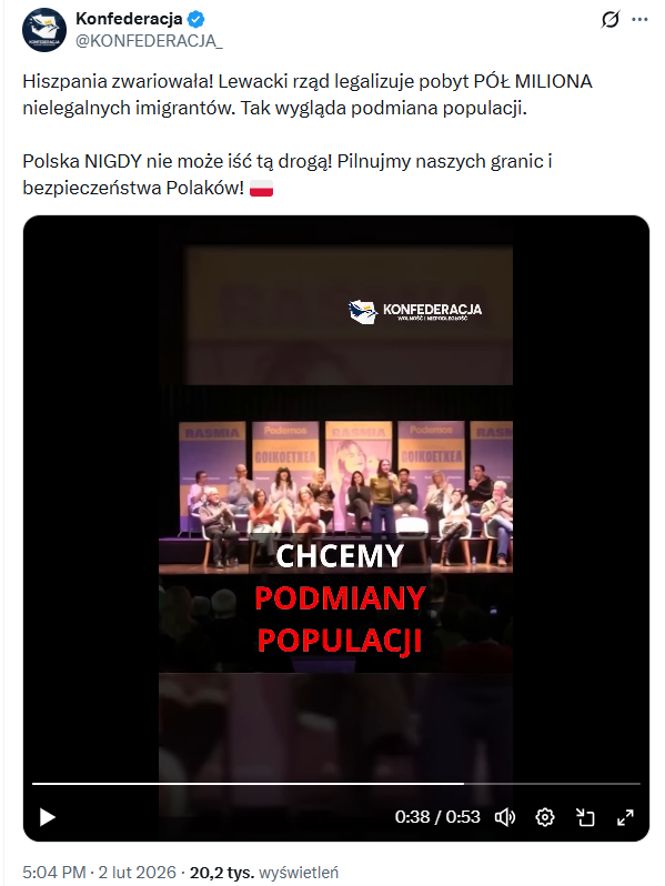 W nagraniu na profilu Konfederacji również wystąpienie hiszpańskiej polityczki pokazano jako dowód na "plan europejskich elit" 