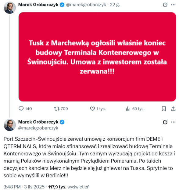 Wpis posła Marka Gróbarczyka opublikowany 3 listopada 2025 roku w serwisie X