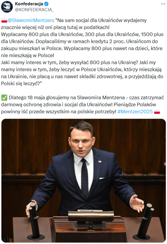 Wpis na profilu Konfederacji z wprowadzającym w błąd cytatem z Mentzena 