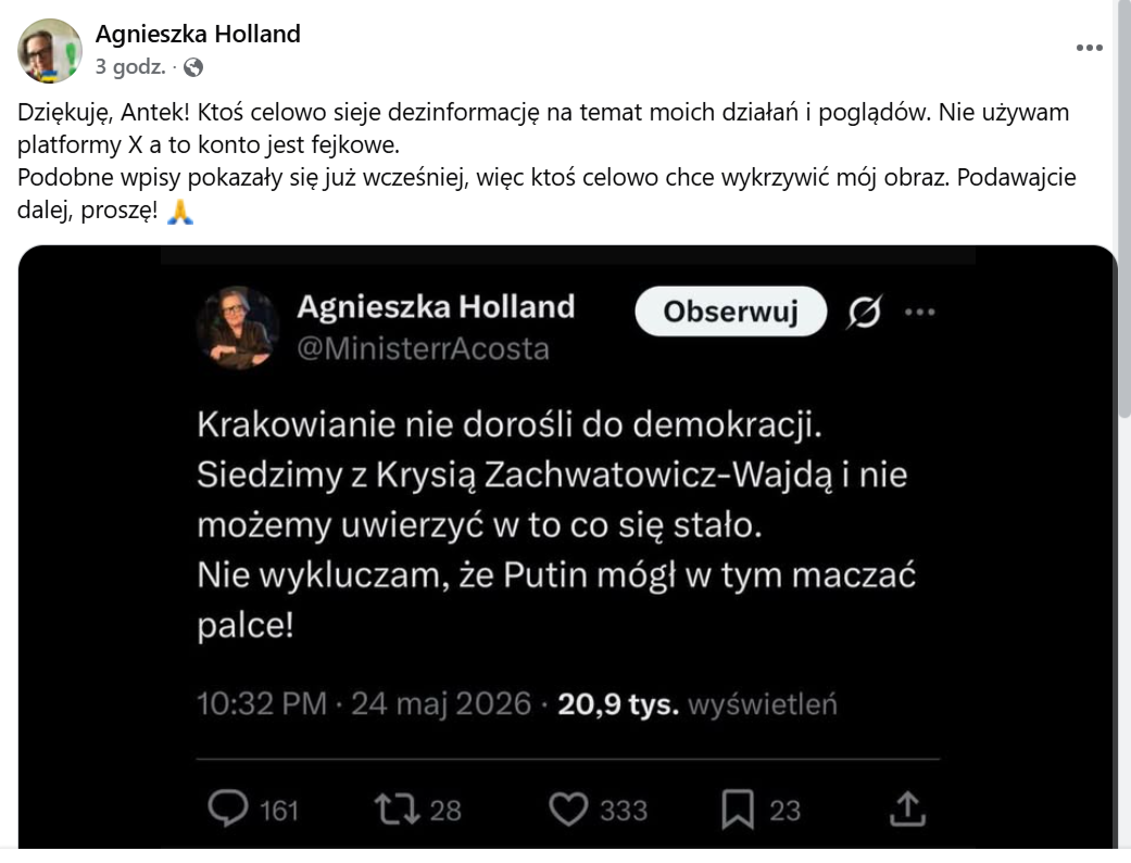 Agnieszka Holland zaprzeczyła, jakoby miała konto w serwisie X