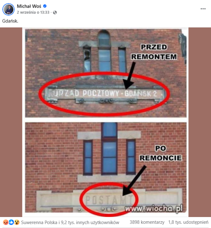 Wpis Michała Wosia opublikowany na Facebooku 2 września 2025 roku