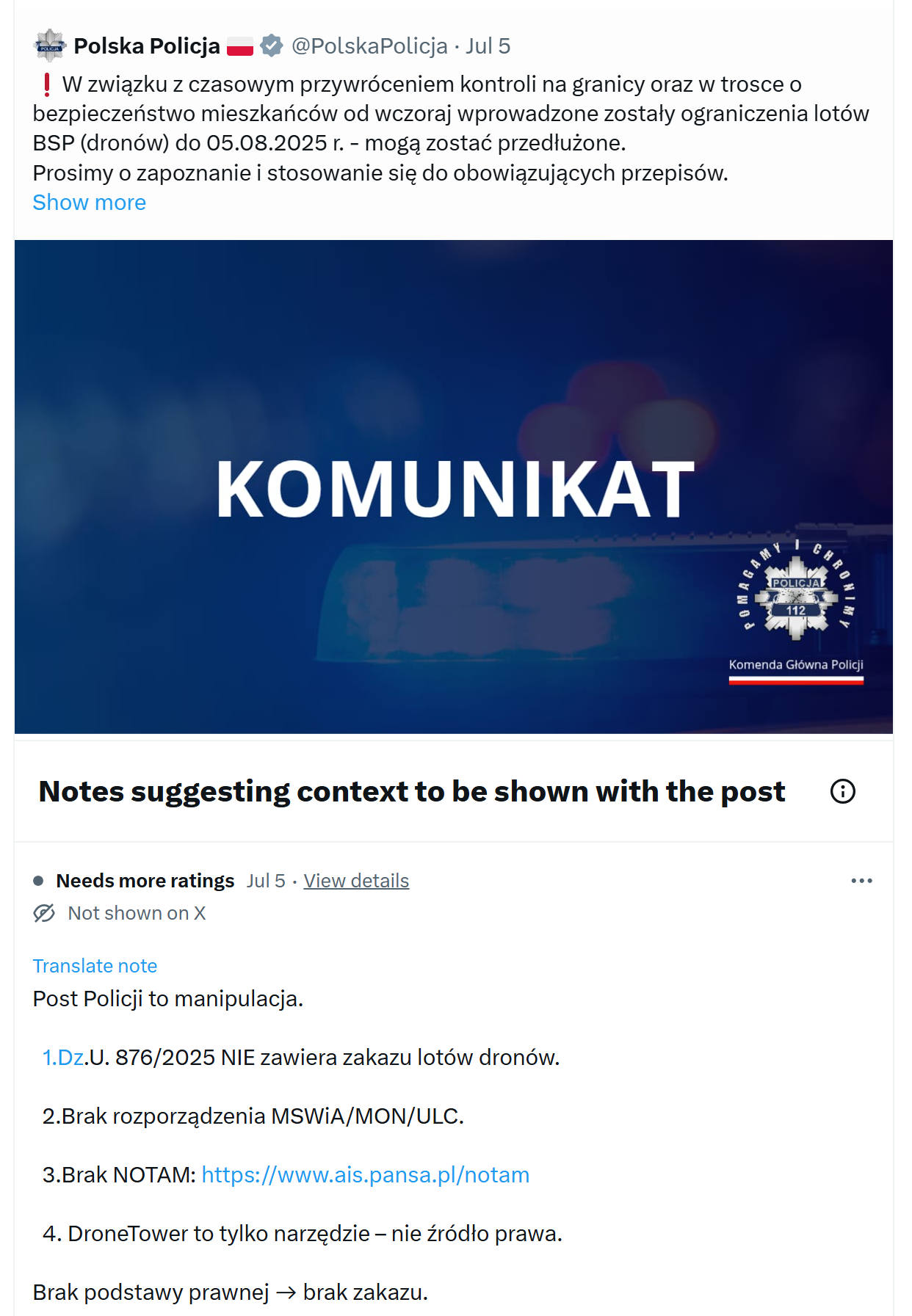 Wpis policji z dodaną Uwagą Społeczności