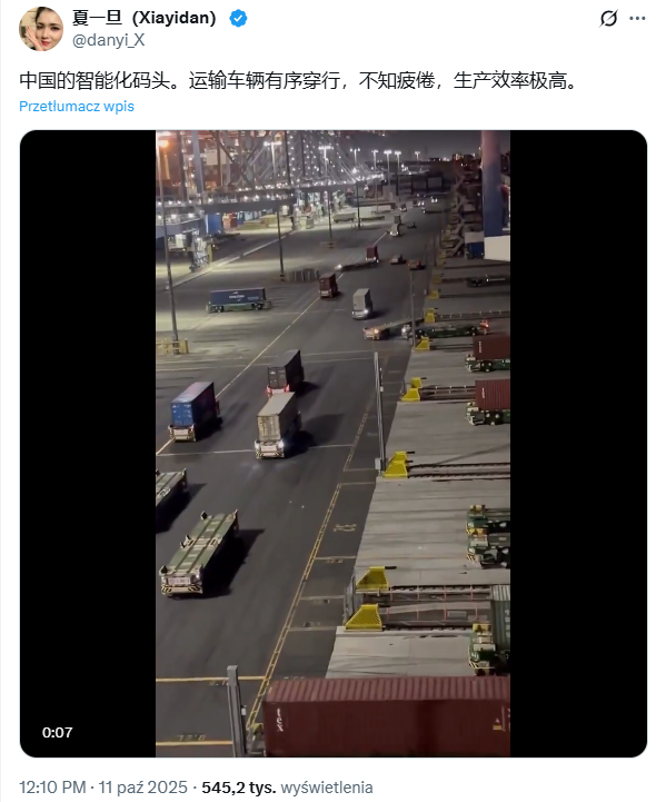 Film opublikowany na chińskim profilu 11 października 2025 roku z fałszywym opisem, że to inteligentny terminal w Chinach, ma ponad pół miliona wyświetleń 