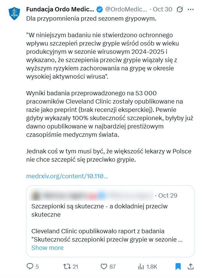 Badanie amerykańskiej kliniki jako "dowód" nie nieskuteczność szczepień rozpowszechniała także Fundacja Ordo Medicus