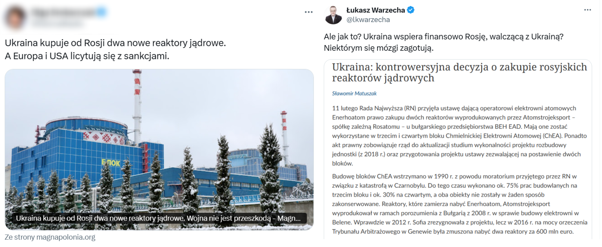Wprowadzające w błąd wpisy o reaktorach kupionych przez Ukrainę