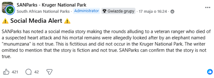 SANParks na facebookowej grupie tłumaczyło, że historia o słoniu ratującym strażnika jest nieprawdziwa