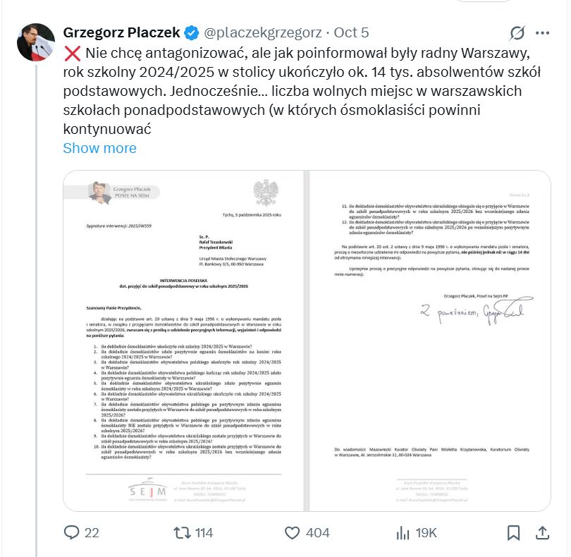 Poseł Płaczek pytał w interpelacji m.in., ilu polskich uczniów zostało przyjętych do szkół ponadpodstawowych w Warszawie, a ilu uczniów z Ukrainy
