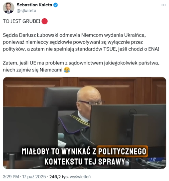 Wprowadzający w błąd post posła Sebastiana Kalety opublikowany 17 października 2025 roku w serwisie X 