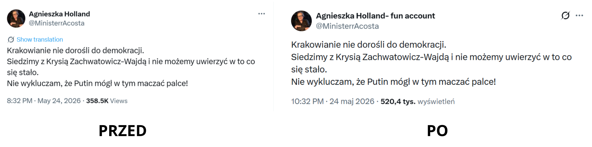 Nazwa konta przed i po zmianie: w żadnym przypadku nie była to Agnieszka Holland