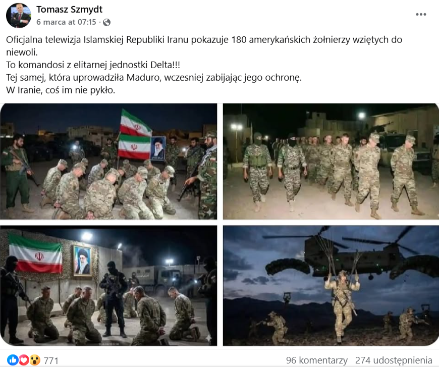 Tomasz Szmydt promuje w sieci fałszywy przekaz o sukcesie irańskich sił 
