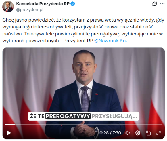 Karol Nawrocki w nagraniu o wetowaniu ustaw przypomniał o prerogatywach prezydenta