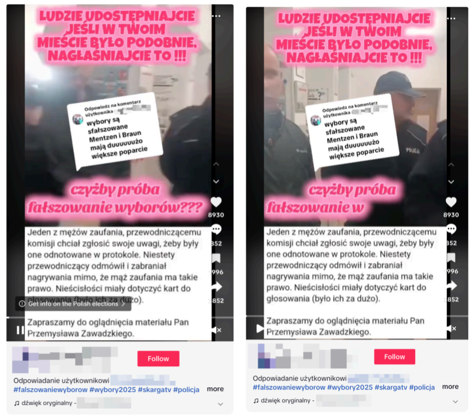 Etykieta wyborcza TikToka pojawia się przy przeglądaniu posta z polskiego IP (po lewej), ale znika przy połączeniu z niemieckiego IP (po prawej).