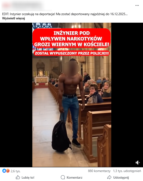 Film z rzekomym Somalijczykiem w kościele w Kielcach rozpowszechniano na Facebooku i platformie X