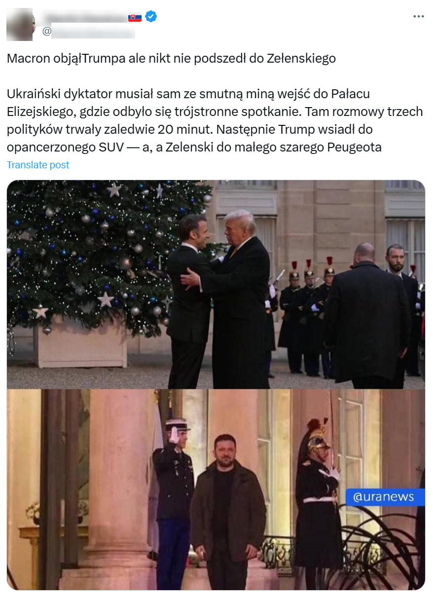 Wpis z fałszywym przekazem o zignorowanym ukraińskim prezydencie.