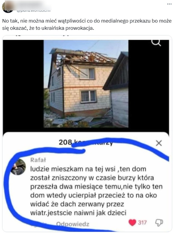 Jeden z fałszywych przekazów na temat rzekomej ukraińskiej prowokacji dotyczy domu w Wyrykach zniszczonego uderzeniem drona