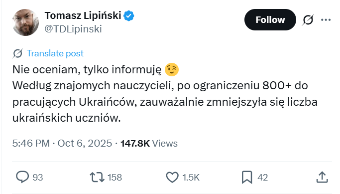 Wpis o rzekomej zmniejszającej się liczbie uczniów z Ukrainy wyświetlono ponad 147 tys. razy