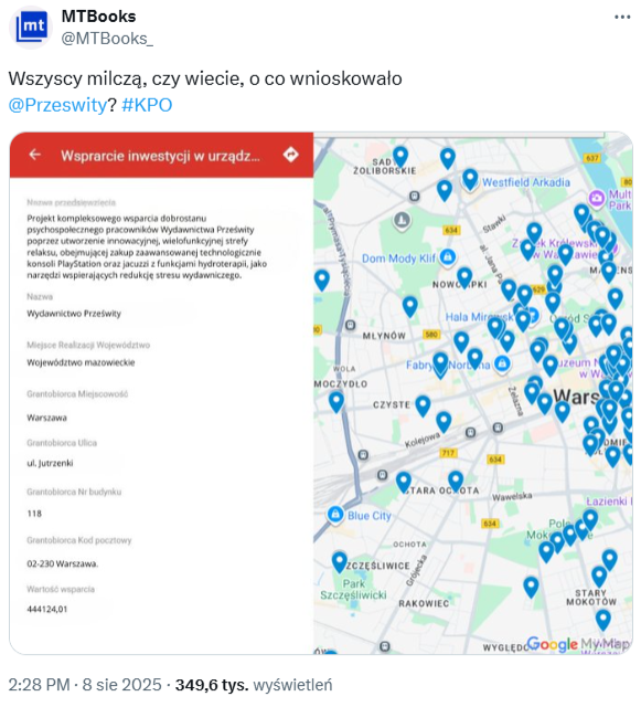 Wpis opublikowany z fałszywą informacją na profilu wydawnictwa MTBooks 