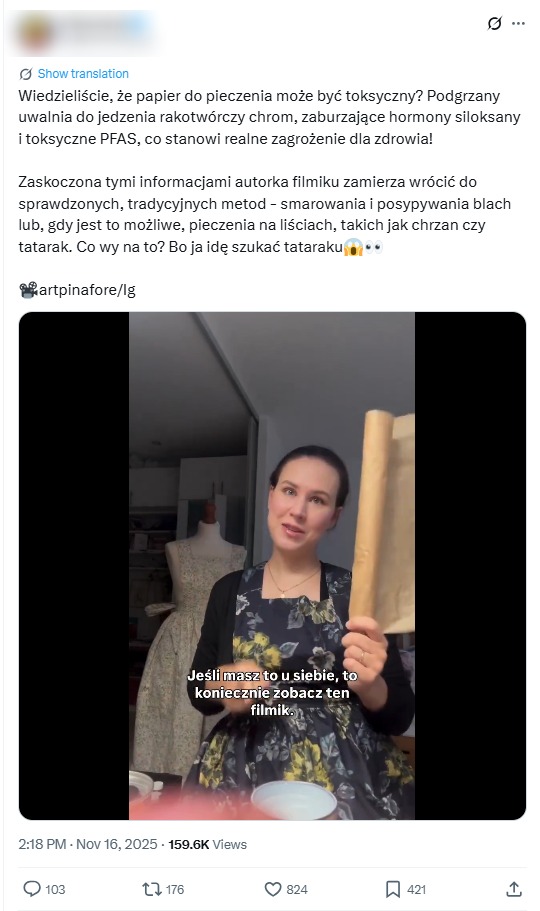 Ponad 160 tys. razy obejrzano opublikowany w X film o szkodliwości papieru do pieczenia