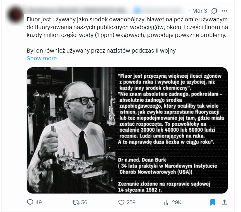 Internauta nie tylko pisał o rzekomych skutkach ubocznych fluoru, ale także wymieniał produkty, które dostarczają go do organizmu 