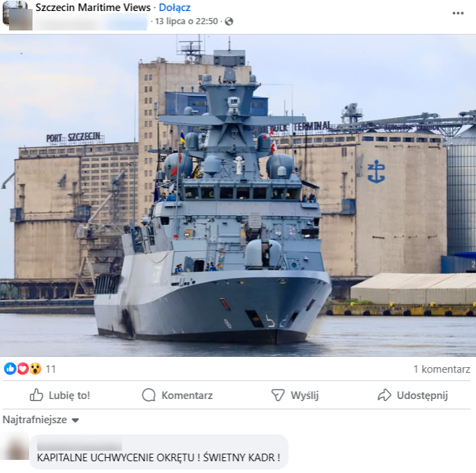 Zdjęcie FGS Braunschweig (F260) opublikowane 13 lipca 2025 roku na facebookowej grupie "Szczecin Maritime Views" 