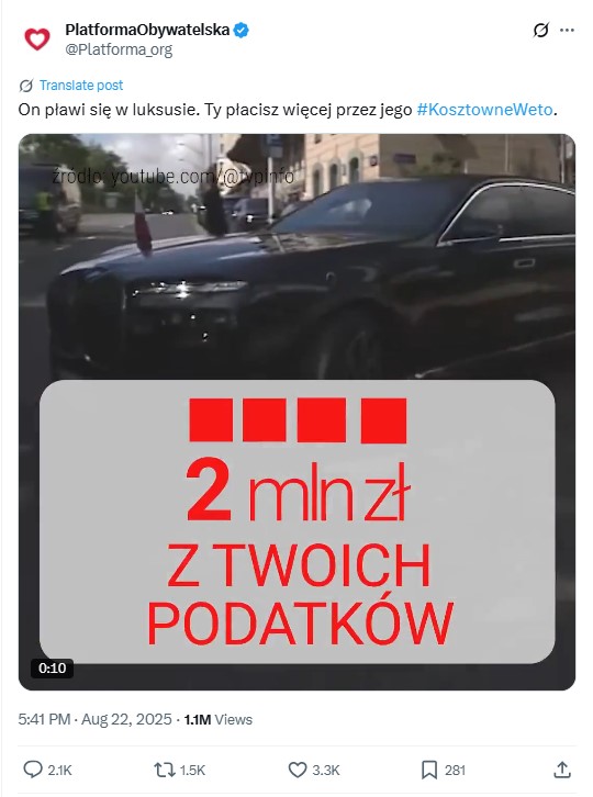 Opublikowany 22 sierpnia 2025 roku film na koncie PO opatrzono hasztagiem #KosztowneWeto