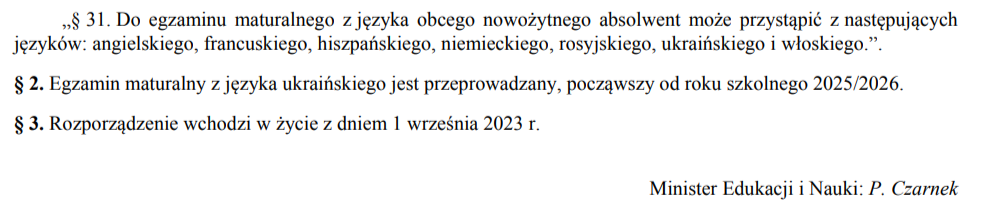 Podpis Przemysława Czarnka pod rozporządzeniem o języku ukraińskim na maturze