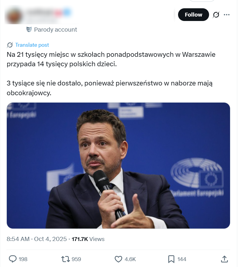 Post z fałszywą informacją o rzekomym pierwszeństwie obcokrajowców w rekrutacji do szkół w średnich w stolicy