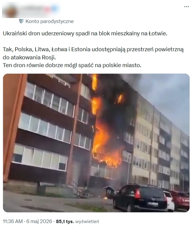 Fałszywy przekaz o uderzeniu ukraińskiego drona w blok na Łotwie zilustrowano zdjęciem z pożaru  