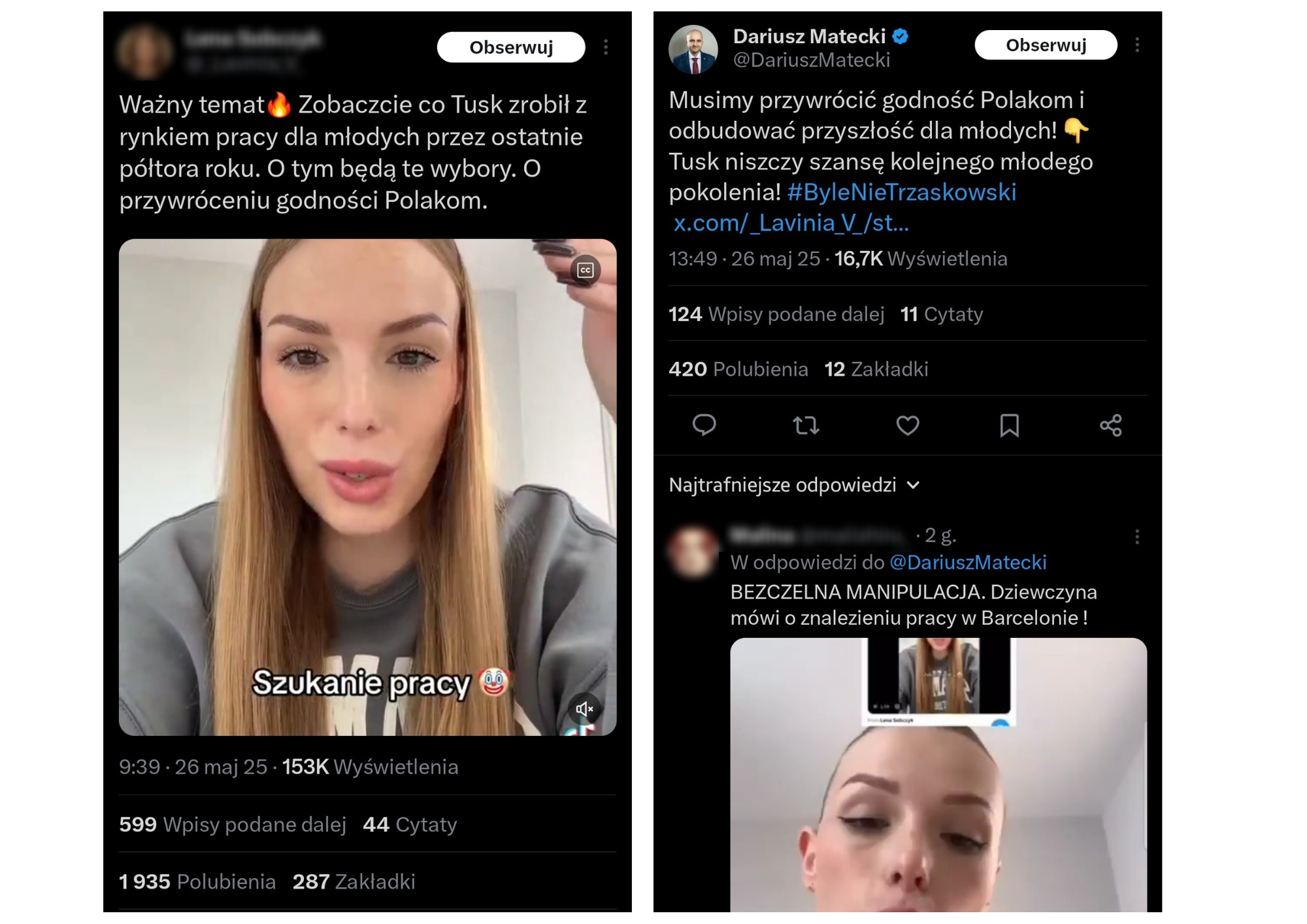 Wprowadzające w błąd posty opublikowane 26 maja 2025 roku w serwisie X 