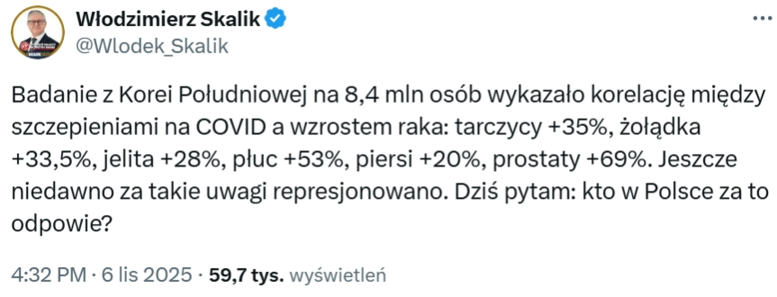 Wpis posła Włodzimierza Skalika opublikowany 6 listopada 2025 roku