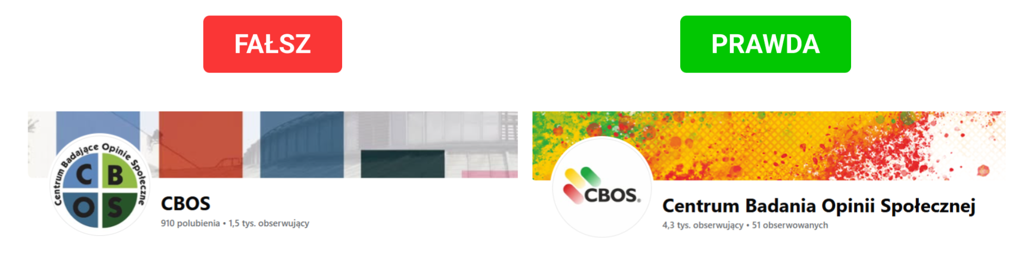 Po lewej facebookowa strona podszywająca się pod CBOS, po prawej oficjalna strona Centrum Badania Opinii Społecznej  