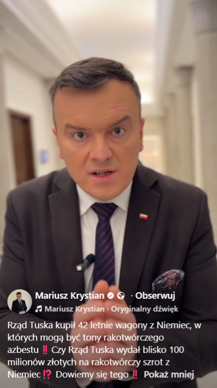Poseł PiS Mariusz Krystian opowiadał, że rząd Tuska kupił 42-letnie wagony z Niemiec, "w których mogą być tony rakotwórczego azbestu"