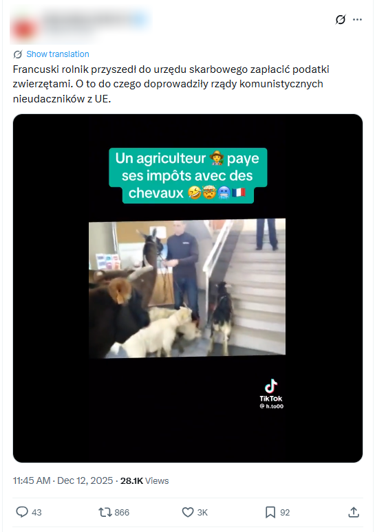 Post wprowadza w błąd: to nie polityka UE skłoniła tego francuskiego rolnika do takiego kroku