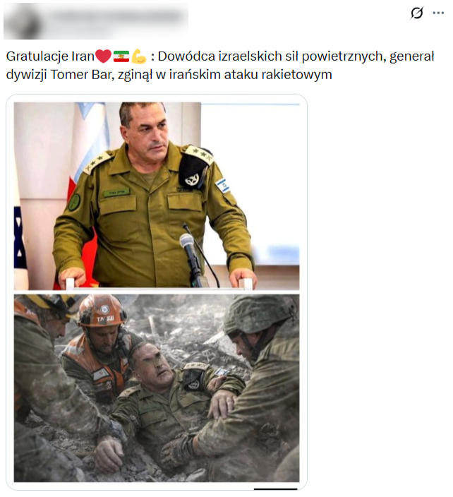 Generał Tomer Bar, dowódca izraelskich sił powietrznych, miał rzekomo zginąć w irańskim ataku 