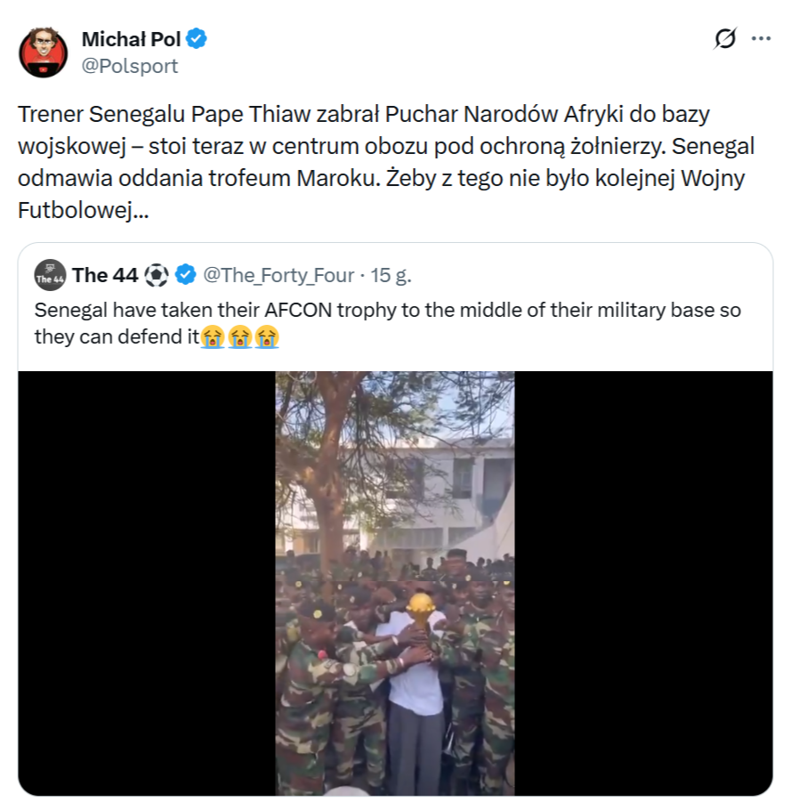 Polscy internauci również szerowali fałszywy przekaz, że Senegal miał ukryć Puchar Narodów Afryki w bazie wojskowej