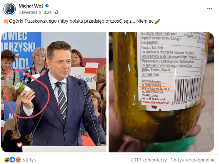 Post Michała Wosia uderzający w Rafała Trzaskowskiego