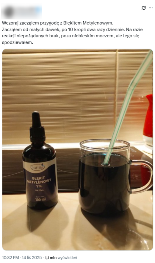Post o błękicie metylenowym w serwisie X wyświetlono ponad milion razy  