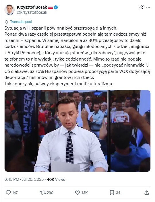 Bosak posłużył się danymi z hiszpańskiej prasy