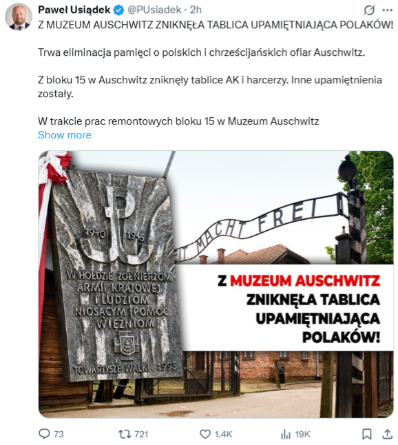 Polityk Konfederacji fałszywie przekonuje, że "trwa eliminacja pamięci" o polskich i chrześcijańskich ofiarach obozu