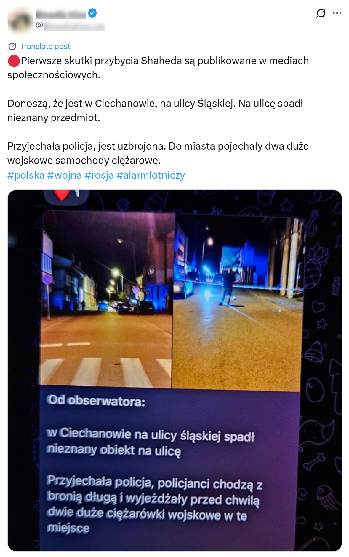 Dezinformujący wpis o rzekomym dronie w Ciechanowie