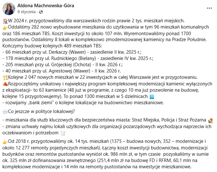 Facebookowy wpis opublikowany 9 stycznia 2025 roku na profilu Aldony Machnowskiej-Góry, Zastępczyni Prezydenta m.st. Warszawy