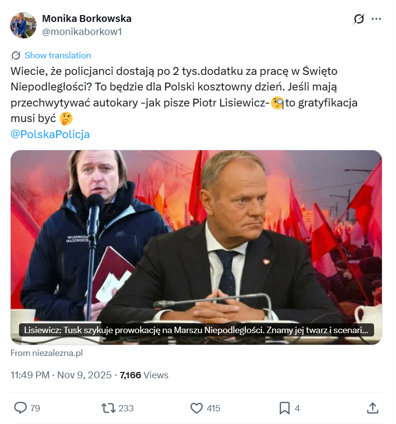 Borkowska twierdzi, że policjanci otrzymają pieniądze w ramach "gratyfikacji" za utrudnianie udziału w marszu