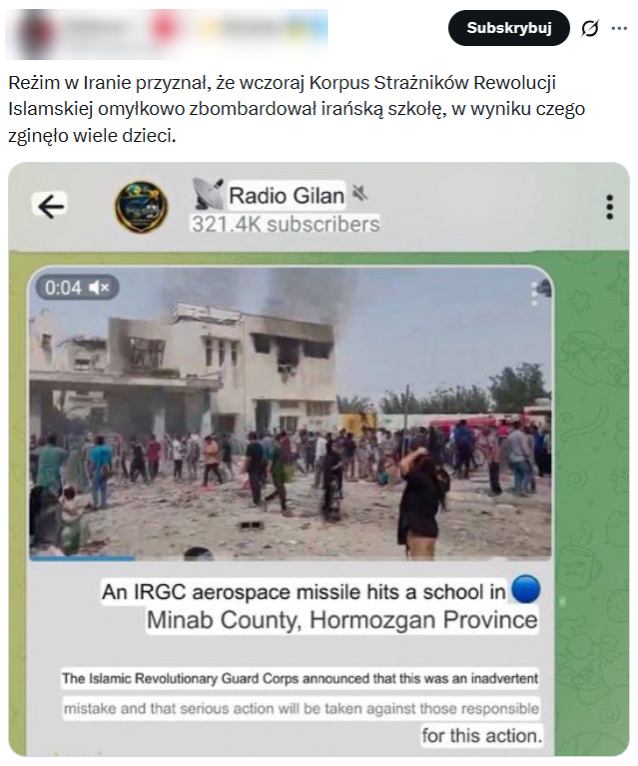 Według przekazu forsowanego początkowo przez zwolenników Izraela i USA, to Iran miał "omyłkowo" zbombardować szkołę  