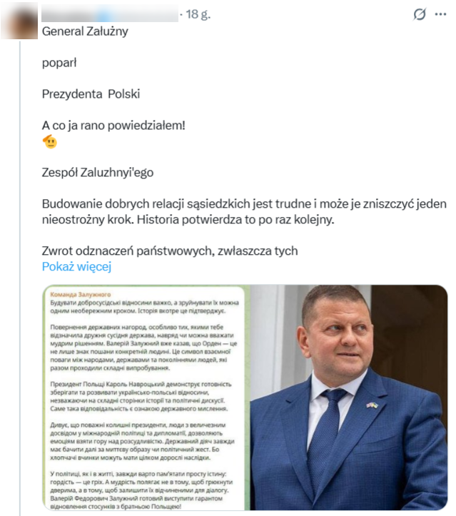 Post o "poparciu" ukraińskiego generała dla polskiego prezydenta ma ponad 160 tys. wyświetleń