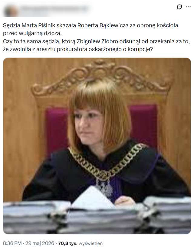 Manipulujący wpis o tym, że Bąkiewicza skazano za "obronę kościoła przed wulgarną dziczą" wyświetlono ponad 70 tys. razy