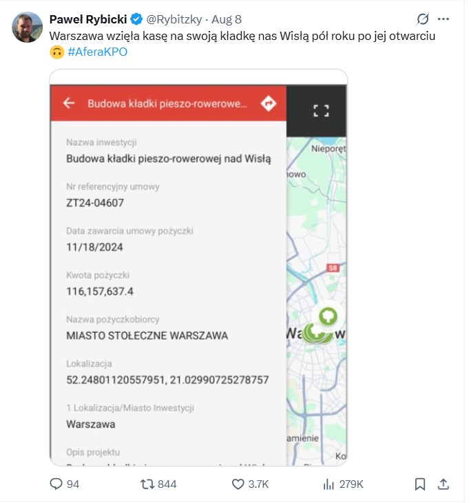 Informacja o pożyczce z KPO na istniejący już most w Warszawie, która jest błędnie interpretowana z obecną burzą wokół środków KPO 