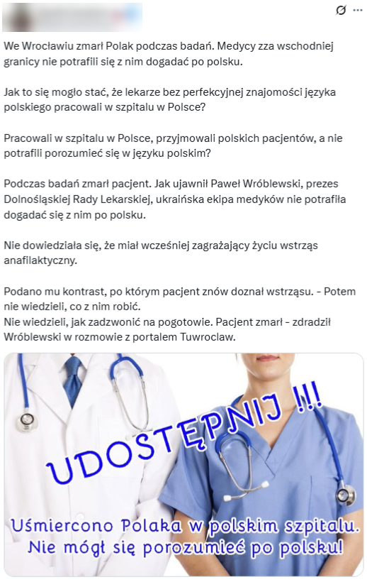 Wprowadzający w błąd post opublikowany 10 listopada 2025 roku w serwisie X