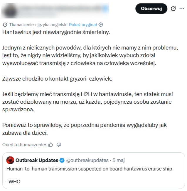 Dwa miliony wyświetleń ma wpis przekonujący, że hantawirus dotychczas nie przechodził z człowieka na człowieka
