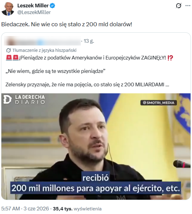 Manipulacyjny przekaz o Zełenskim udostępnił m.in. były premier Leszek Miller  